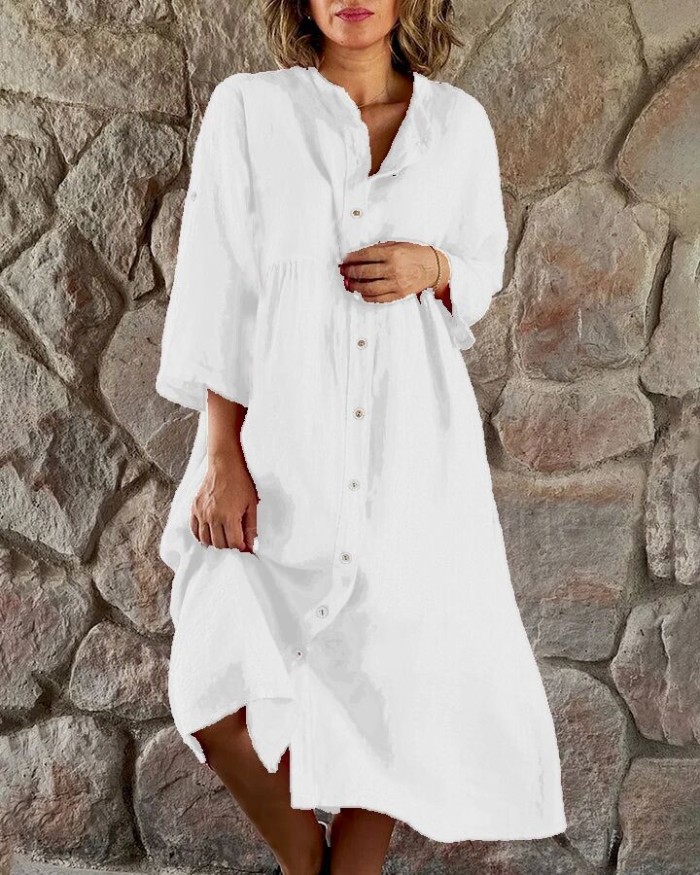 Vintage Cotton Linen Fashion Single Breasted Casual 3/4 Sleeve Solid Loose Party Midi Dress