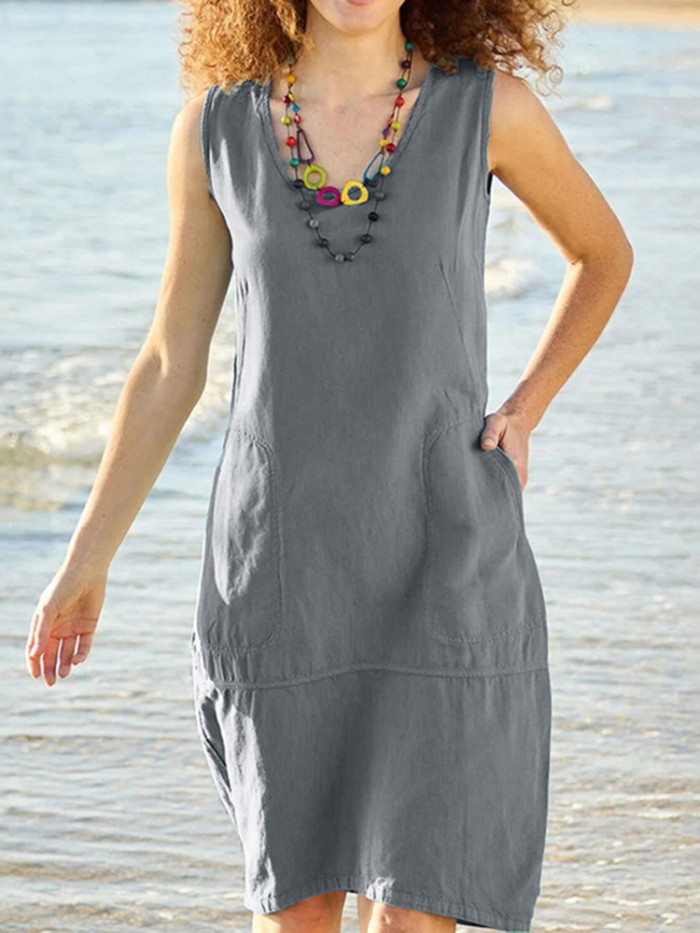 Women's Casual O-Neck Sleeveless Pocket Office Solid Color Loose Cotton Linen Midi Dress