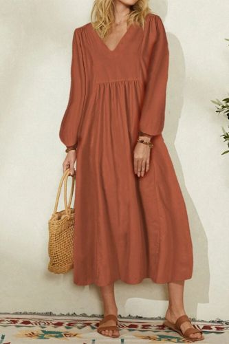 Solid Color Fashion V Neck Cotton Linen Loose Casual Holiday Midi Dress
