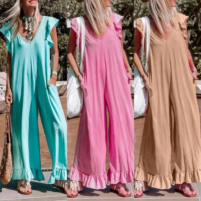 Summer Solid Color Casual Chic Flying Sleeves V-Neck Loose Straight Jumpsuit