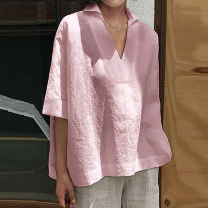 Women's Casual Loose V Neck Cotton Linen Loose Top Elegant Solid Color Harajuku Shirt