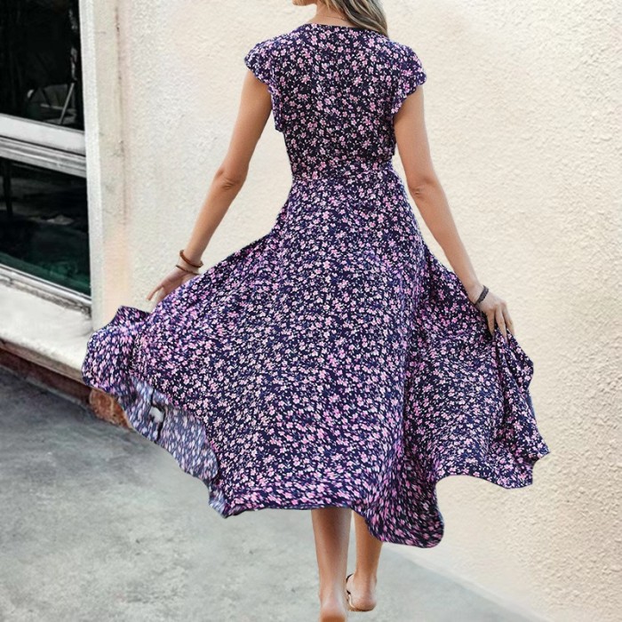 Women Fashion Elegant Bohemian V Neck Slim Fit Swing Print  Maxi Dress