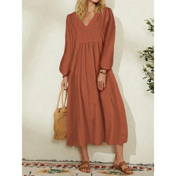 Solid Color Fashion V Neck Cotton Linen Loose Casual Holiday Midi Dress