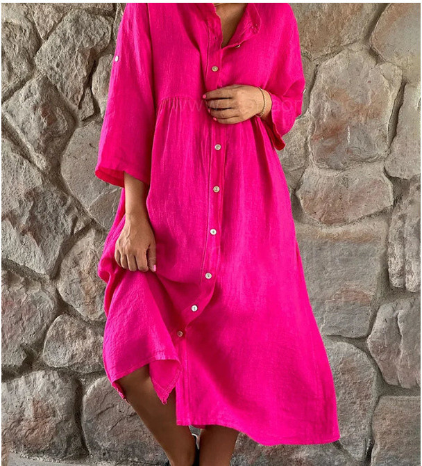 Vintage Cotton Linen Fashion Single Breasted Casual 3/4 Sleeve Solid Loose Party Midi Dress