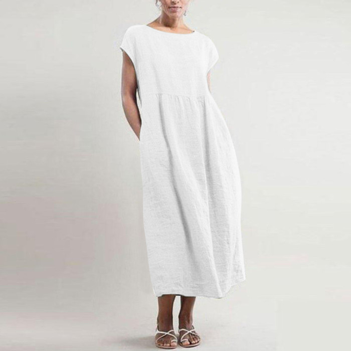 Cotton Linen Women's A Line O Neck Loose Casual Loose Plus Size Dress