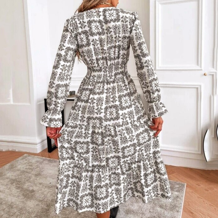 Vintage V-neck Skull Art Print Casual Cotton Midi Dress main image 0