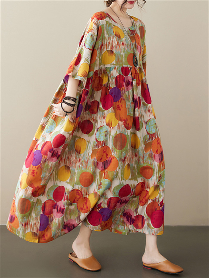 Oversized Summer Casual Loose Polka Dot Printed Linen  Maxi Dress