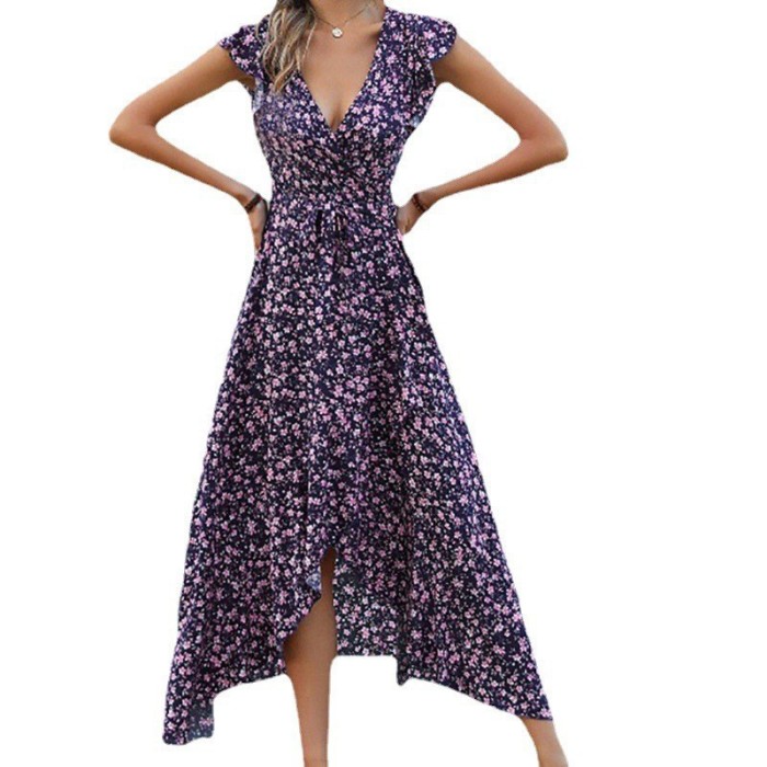 Women Fashion Elegant Bohemian V Neck Slim Fit Swing Print  Maxi Dress