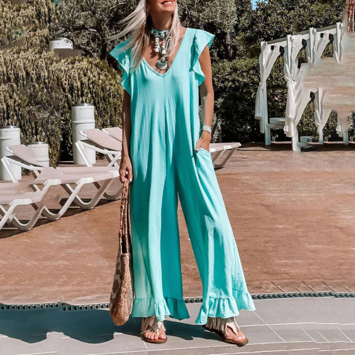 Summer Solid Color Casual Chic Flying Sleeves V-Neck Loose Straight Jumpsuit