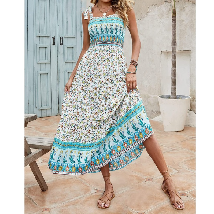 Women's Summer Flower Print Retro Boho Casual Party  Maxi Dress