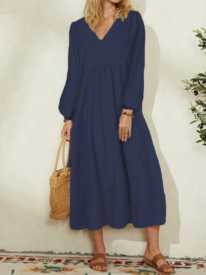 Solid Color Fashion V Neck Cotton Linen Loose Casual Holiday Midi Dress