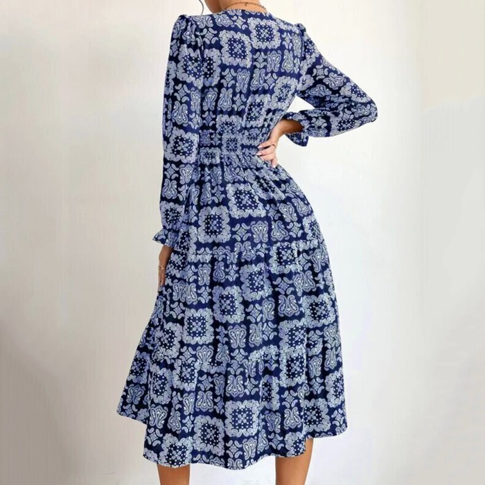 Elegant Vintage Shell Print V-Neck Short Sleeve Fashion Midi Dress main image 0