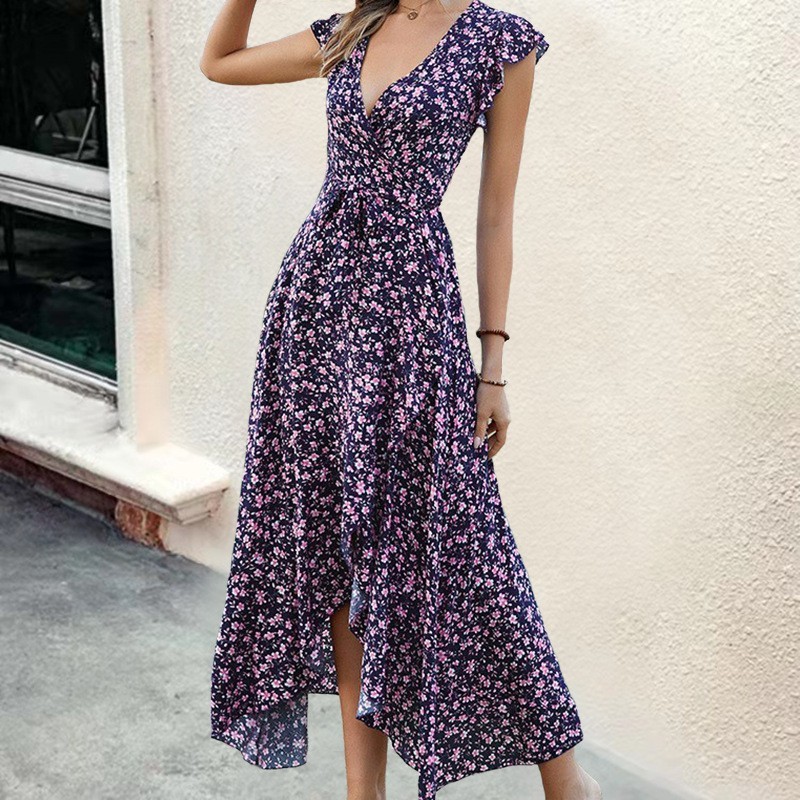 Women Fashion Elegant Bohemian V Neck Slim Fit Swing Print  Maxi Dress