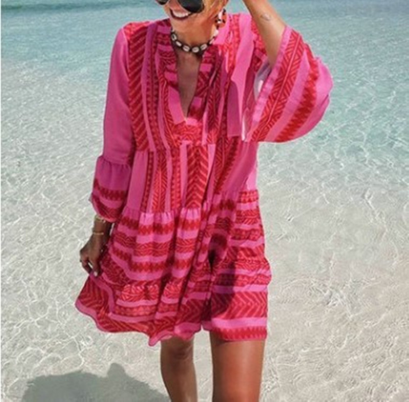 V Neck Striped Print Casual Bell Sleeve Bohemian Casual A-Line Party ...