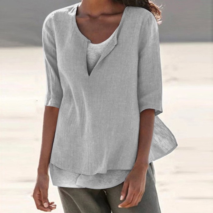 Loose Women's Sleeve Solid Color Cotton Linen Casual Round Neck Summer T-Shirt