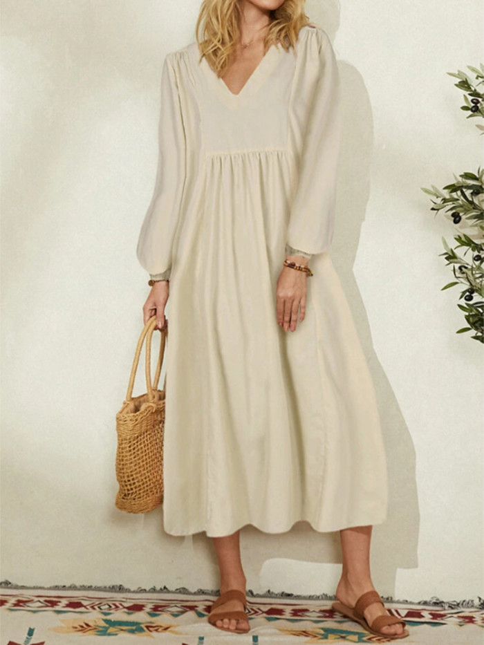 Solid Color Fashion V Neck Cotton Linen Loose Casual Holiday Midi Dress