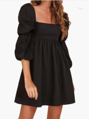 Women's Square Neck Bubble Long Sleeve A-Line Fashion Pleated Loose Mini Party Dress