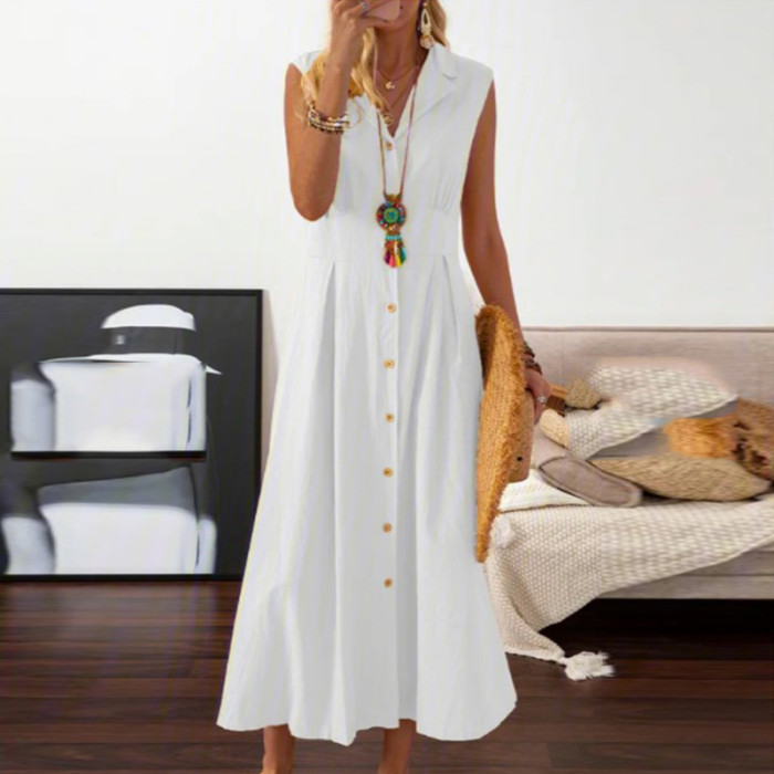 Fashion Retro Casual Sleeveless Lapel Cotton Linen Solid Color Elegant Maxi Dress
