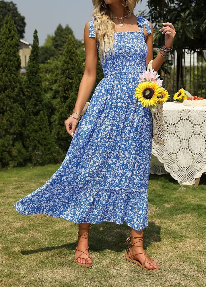 Women's Summer Flower Print Retro Boho Casual Party  Maxi Dress