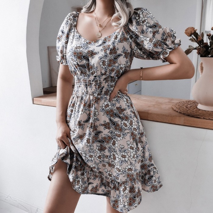 Summer Casual Square Neck Printed Bohemian Style A-Line Mini Dress
