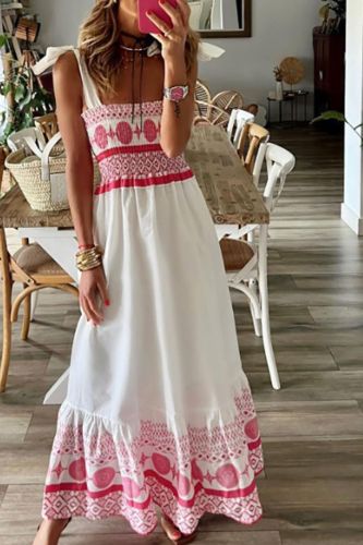 Print Fashion Casual Spaghetti Strap Loose High Waist Stitching Vacation Beach Maxi Dress