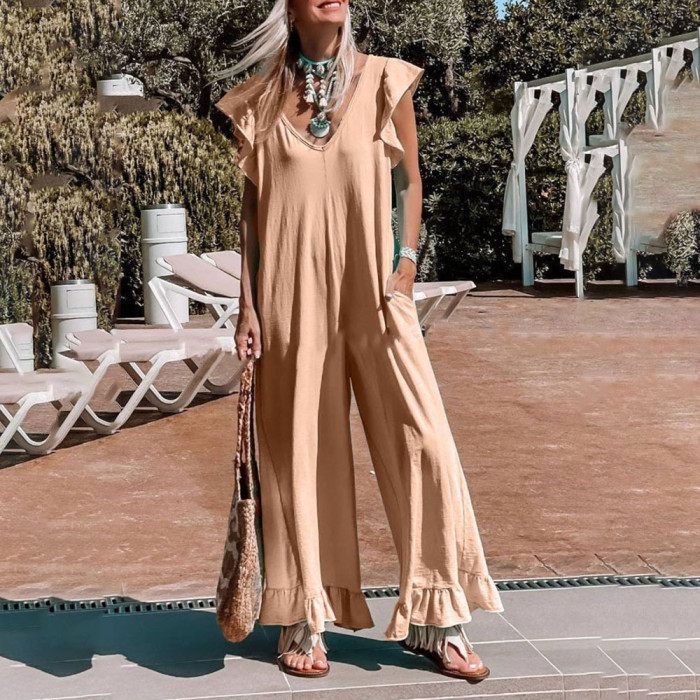 Summer Solid Color Casual Chic Flying Sleeves V-Neck Loose Straight Jumpsuit