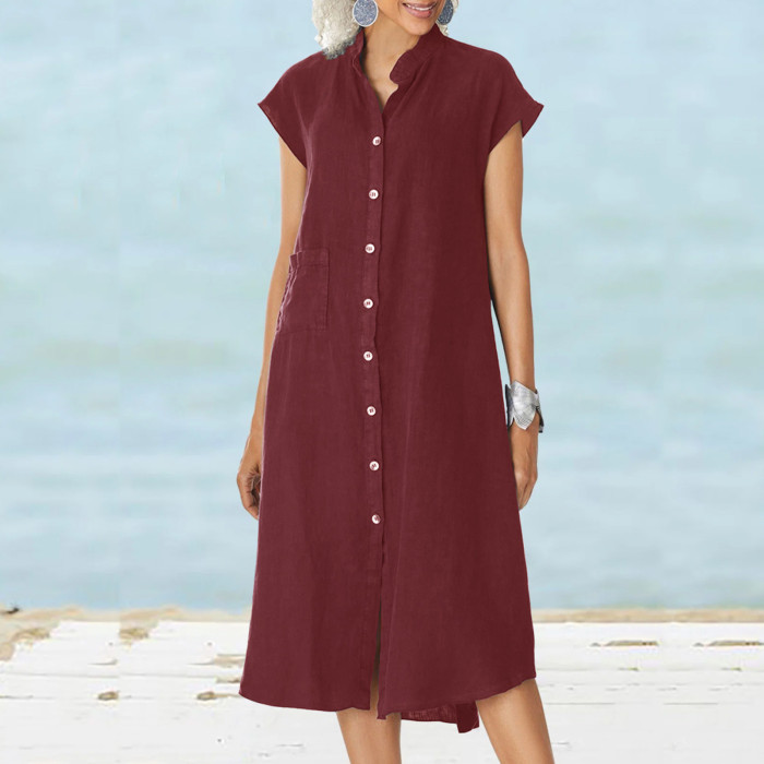 Summer Cotton Linen Casual Button Cardigan Retro Stand Collar Pocket Shirt Dress
