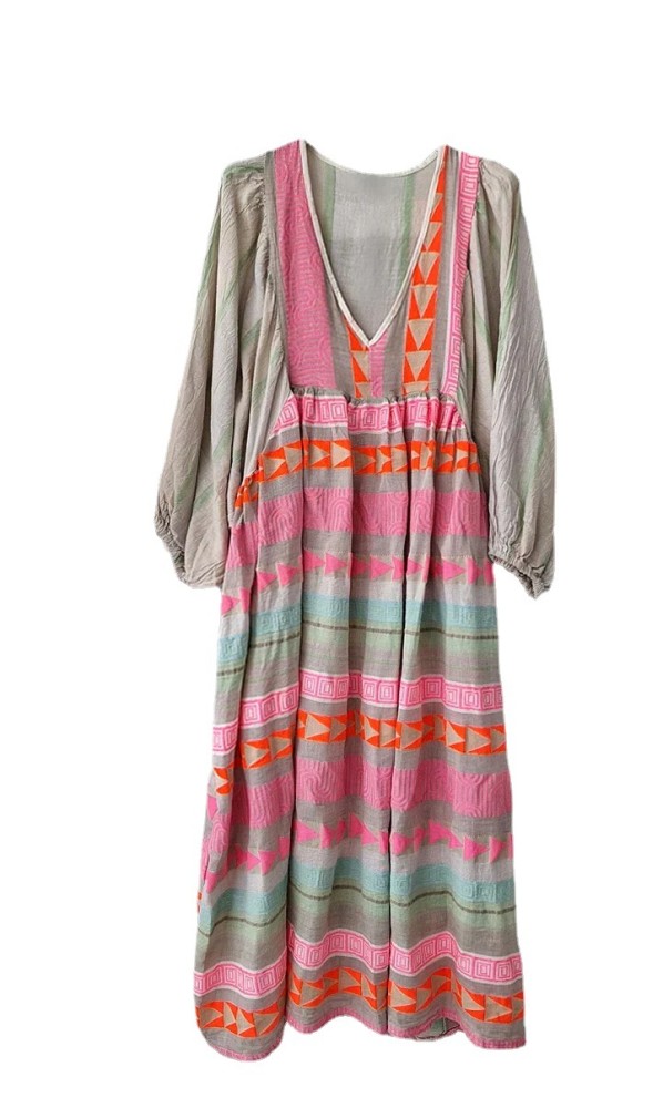 Fashion Casual V-Neck Loose Bohemian Puff Sleeve Color  Maxi Dress