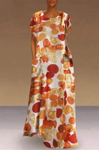 Fashion Round Neck Printed Pocket Oversized Casual Bohemian Vintage  Maxi Dress