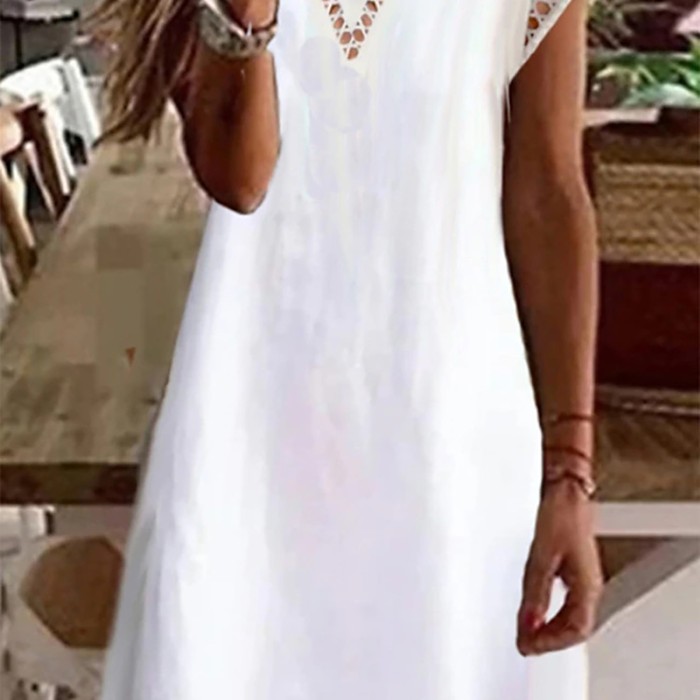 Women's Tank Top V Neck Solid Color Cotton Linen Lace Casual Fashion  Maxi Dress
