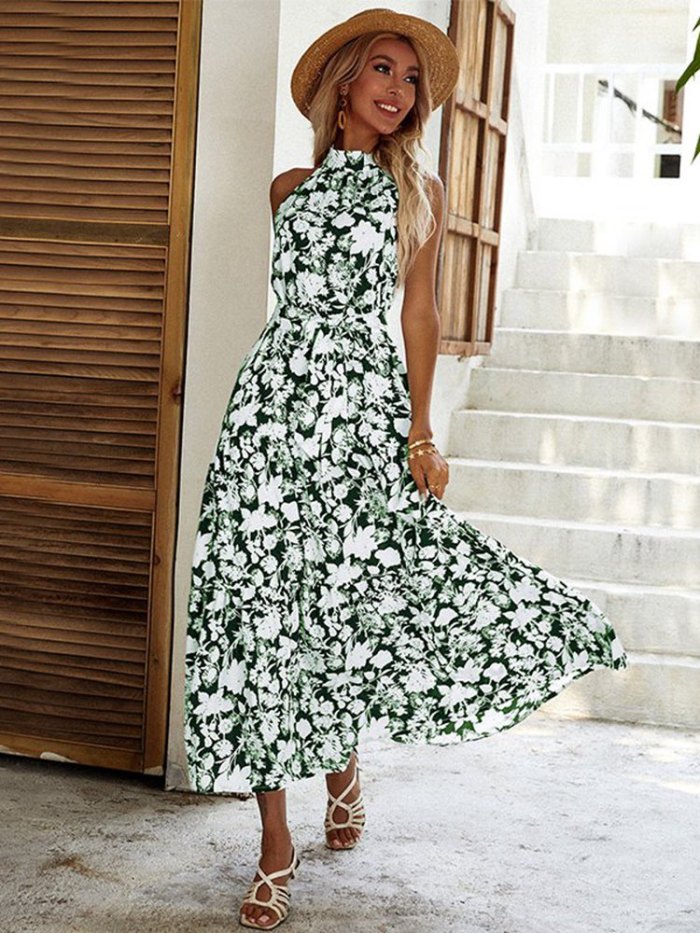 Fashion Floral Print Backless Slit Sexy Chic Casual  Maxi Dress