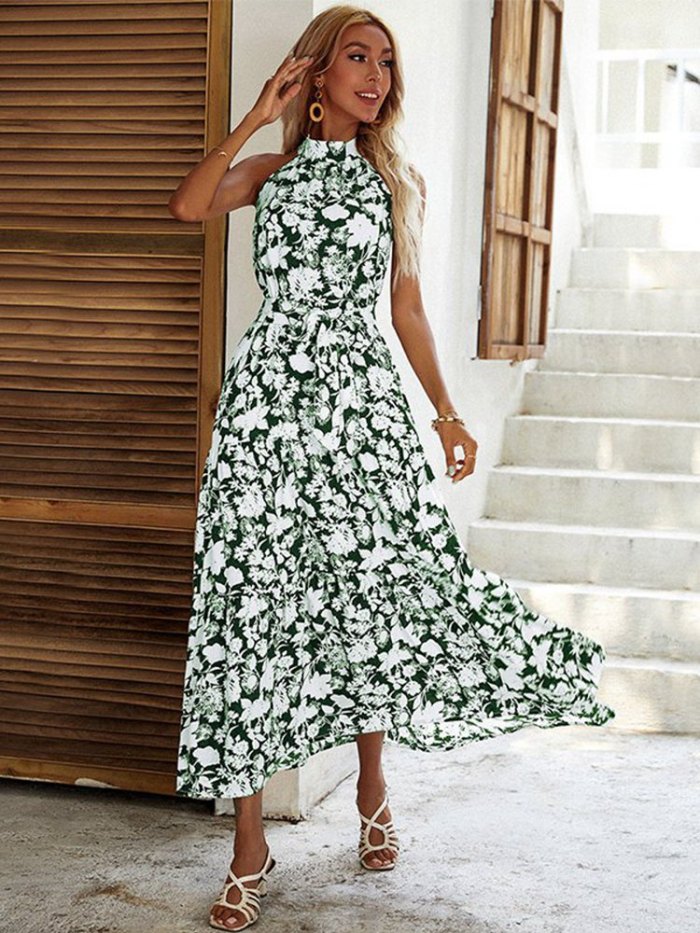 Fashion Floral Print Backless Slit Sexy Chic Casual  Maxi Dress