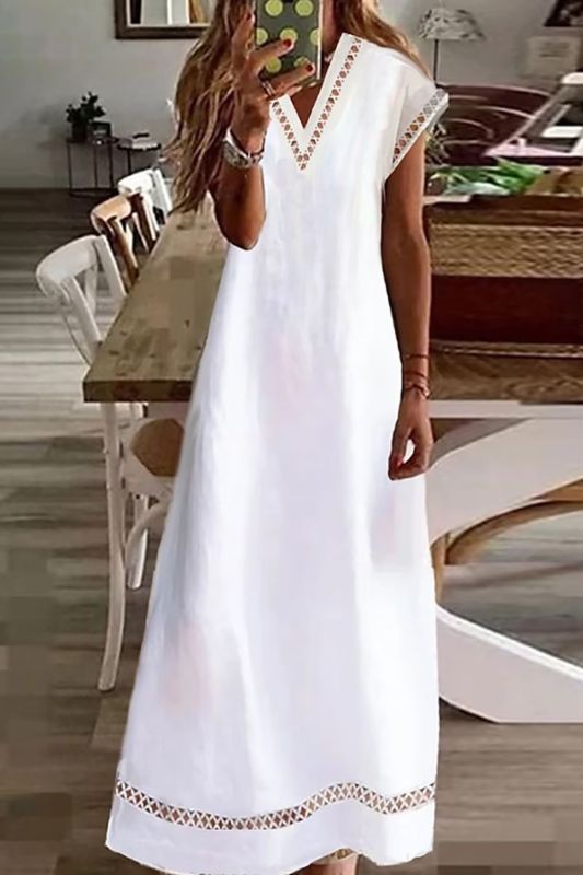 Women's Tank Top V Neck Solid Color Cotton Linen Lace Casual Fashion  Maxi Dress