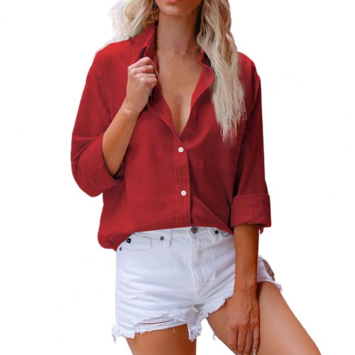 Fashion Ladies Solid Color Versatile Lapel Long Sleeve Casual Single Breasted  Blouses & Shirts