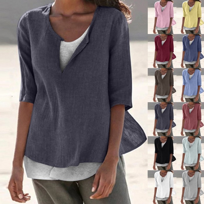 Loose Women's Sleeve Solid Color Cotton Linen Casual Round Neck Summer T-Shirt