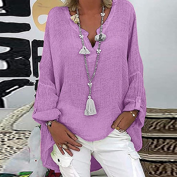 Women Fashion Bohemian Casual Linen Solid Color Beach Shirt Tops
