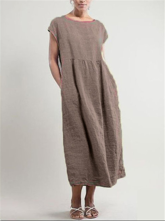 Cotton Linen Women's A Line O Neck Loose Casual Loose Plus Size Dress
