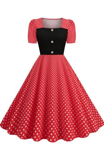 Elegant Women's Polka Dot Print Square Neck Short Sleeve Party Rock 1950 Vintage Dress