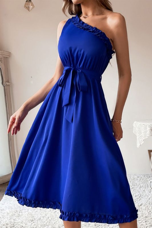 Fashion Sexy Solid Color Slanted Shoulder Elegant Party Lace  Midi Dress