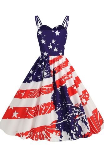 Independence Day Summer Sexy Suspender Flag Print Retro Swing 1950 Vintage Dress