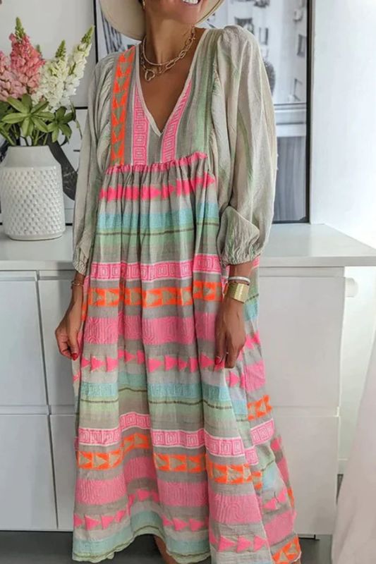 Fashion Casual V-Neck Loose Bohemian Puff Sleeve Color  Maxi Dress