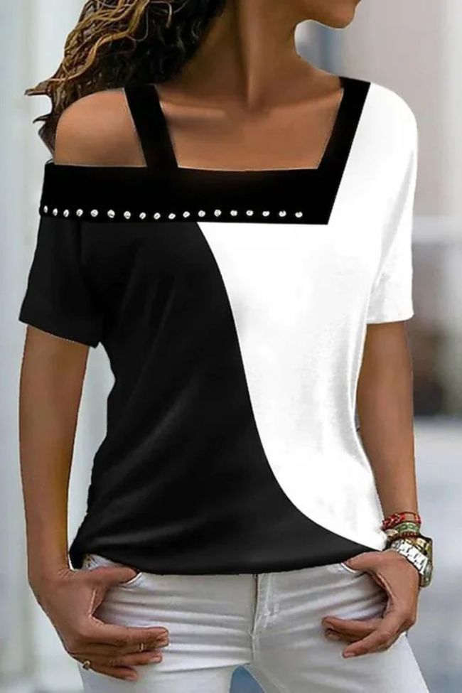 Women's Off-Shoulder Square Neck Diamond Contrast Color Fashion Blouses & Shirts