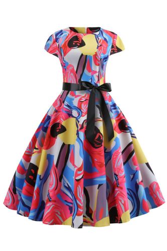 Fashion Print Short Sleeve Hepburn Style Lace Up Swing Retro 1950 Vintage Dress