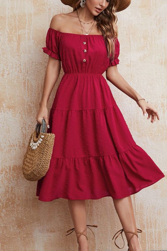 Women Fashion Solid Color Party Loose Short Sleeve Midi Dress