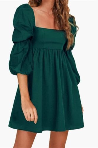 Women's Square Neck Bubble Long Sleeve A-Line Fashion Pleated Loose Mini Party Dress