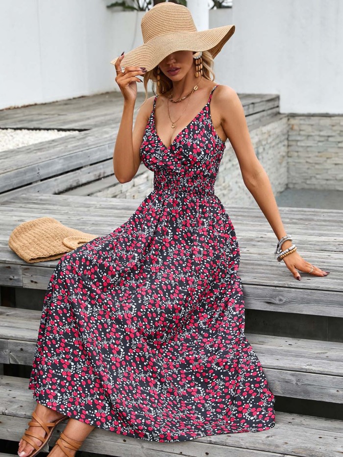 Summer Fashion Casual Print V-neck Elegant  Midi Dress with Sling