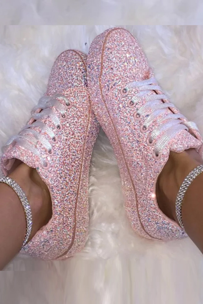 Women's Lace-Up Glitter Flat Vulcanized Casual Fashion Platform Sneakers