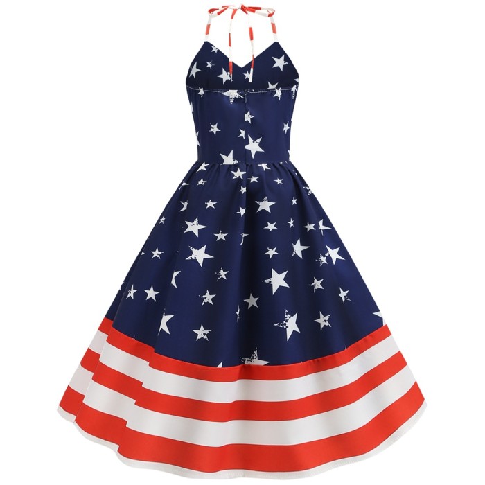 Independence Day Summer Women's Sexy V Neck Print Vintage A-Line Party 1950 Vintage Dress