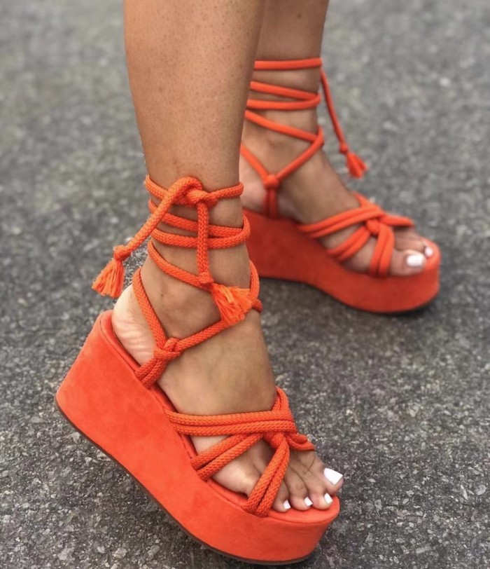Platform Wedge Lace Up Fashion Round Toe Crossover Open Toe Women's Sandals