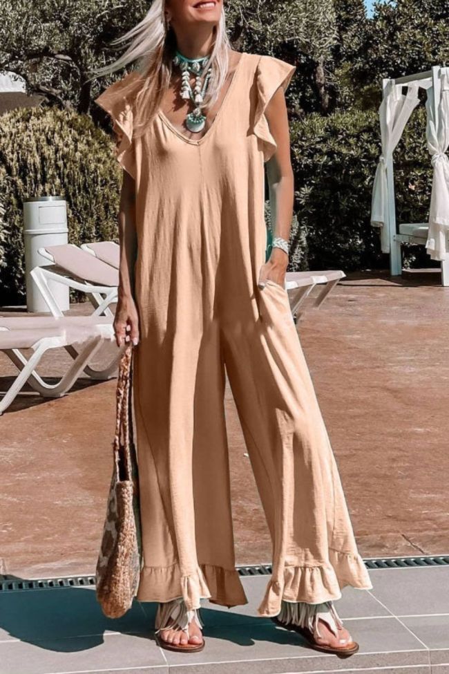 Summer Solid Color Casual Chic Flying Sleeves V-Neck Loose Straight Jumpsuit